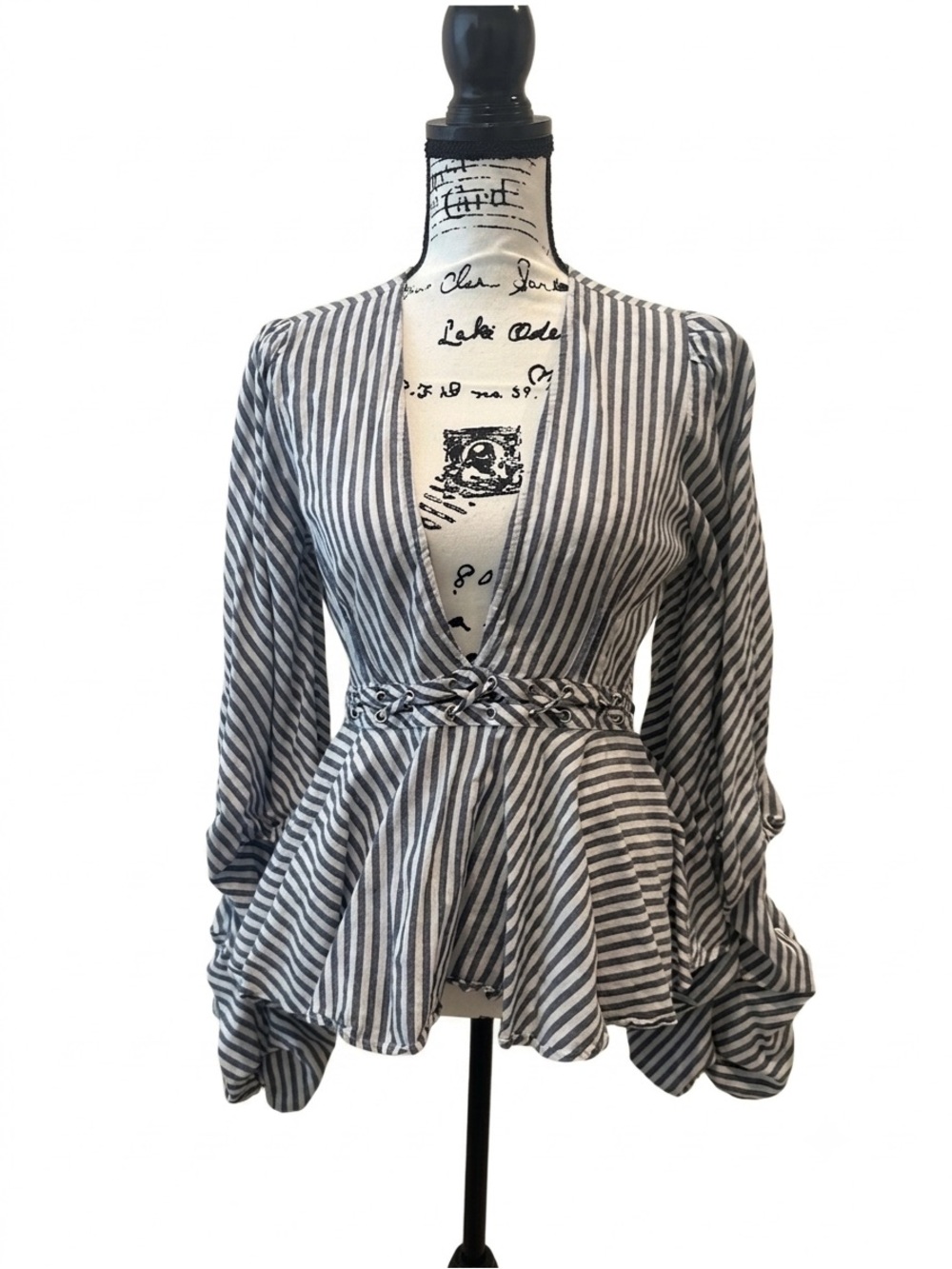 VENUS Navy & White Striped V-Neck Peplum Blouse FITS LIKE A 6 - Picture 6 of 13